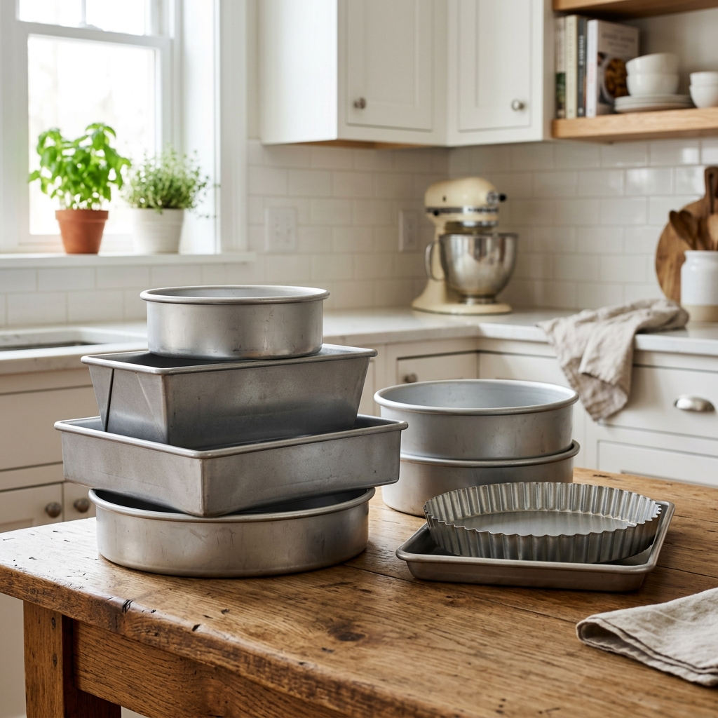 Different baking pans showing dimensions