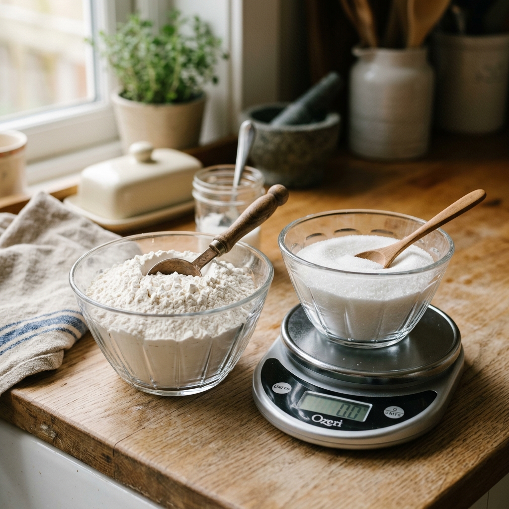 Kitchen scale with flour and liquid bowls