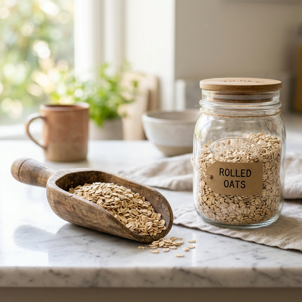 Oats prepared on a kitchen counter with scale